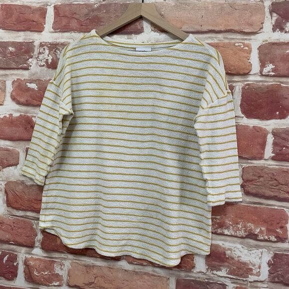 J Jill Top Shirt Women's Small White Yellow Striped Terry Casual Popover Blouse - Picture 3 of 8